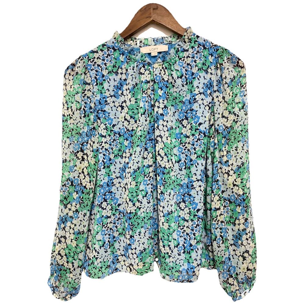 LOFT Floral Blouse Medium Blue Green Long Sleeve Peasant Boho Top